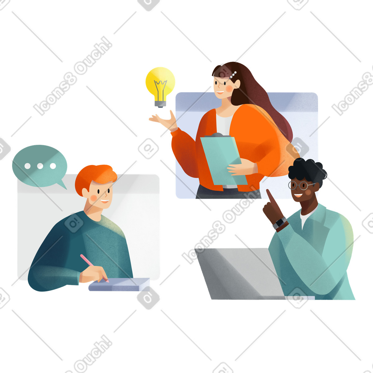 Illustration animée Digital teamwork and idea exchange through remote video chat dans le style Shine à télécharger aux formats GIF, Lottie (JSON), AE