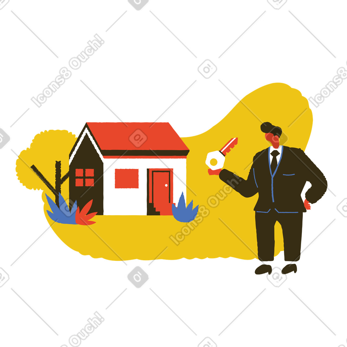 House and a real estate agent illustration in Bermuda style download in PNG, SVG