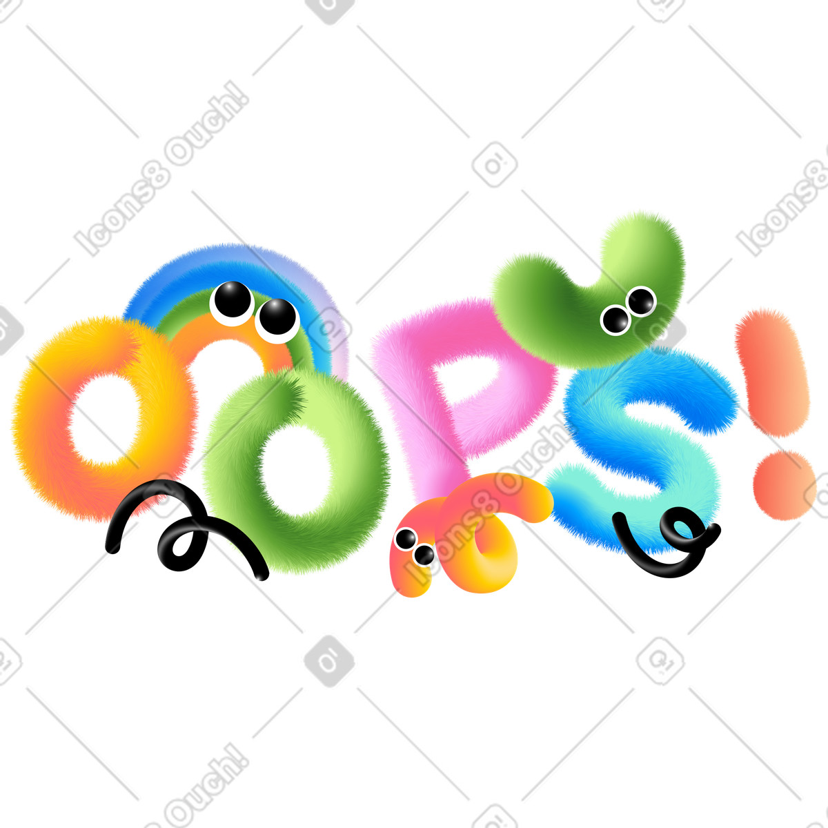 Ilustração de Letras ops! com texto fofo de arco-íris e arcos em PNG e SVG