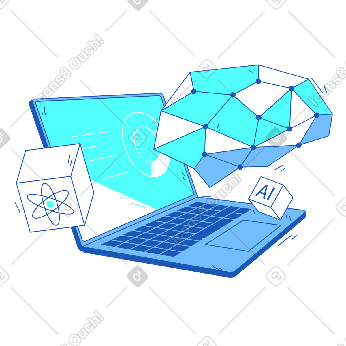 Ilustración Laptop con cerebro ai y red neuronal en estilo Storyline a descargar en PNG SVG