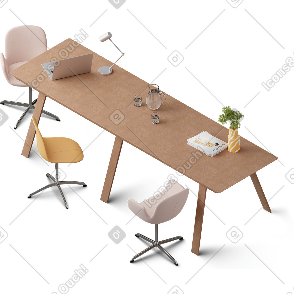 Illustration Vue isométrique du bureau avec chaises, ordinateur portable et magazines dans le style 3D Hygge à télécharger aux formats PNG, SVG