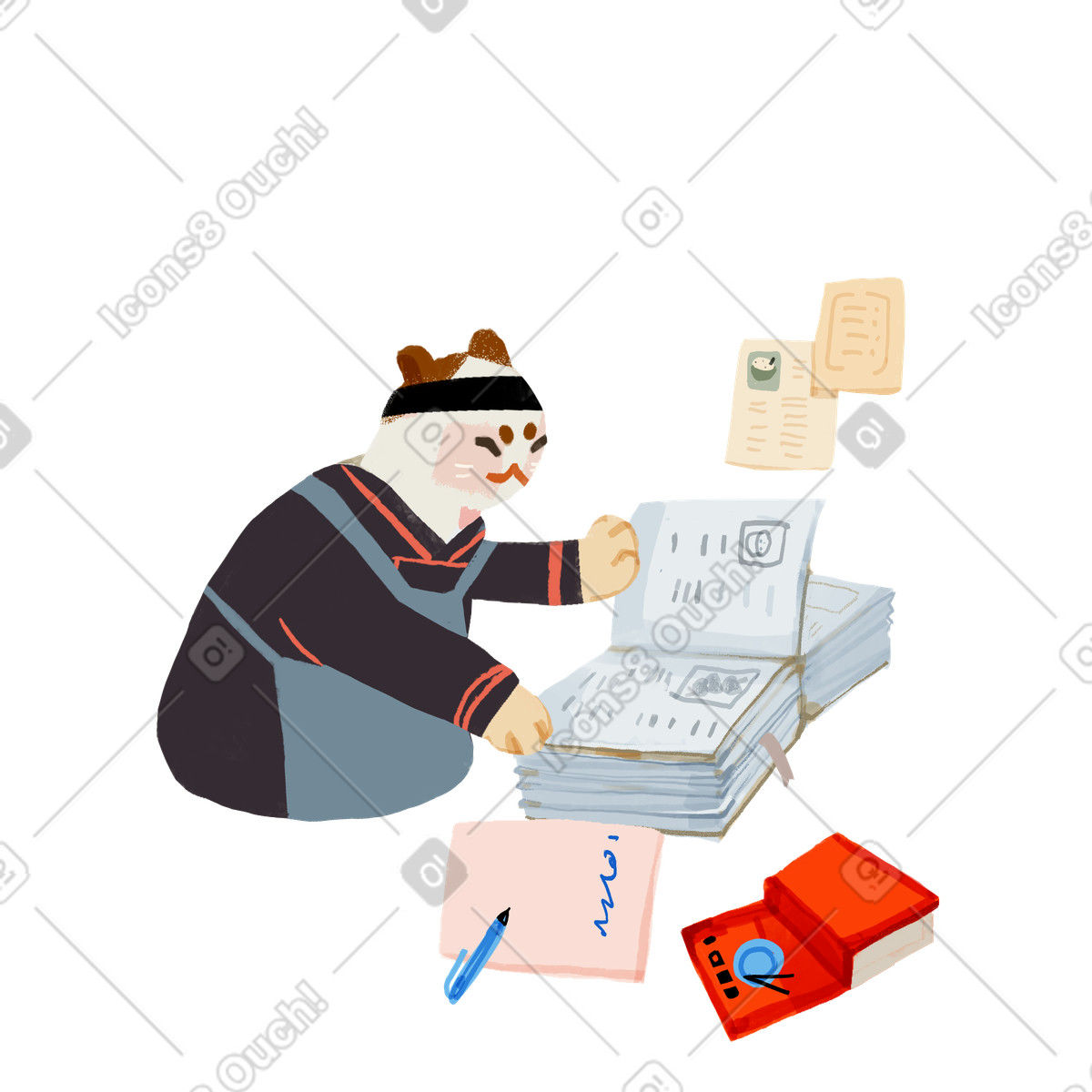 Ilustración Cat busca la información en libros y cuadernos. estilo Ikigai a descargar PNG SVG