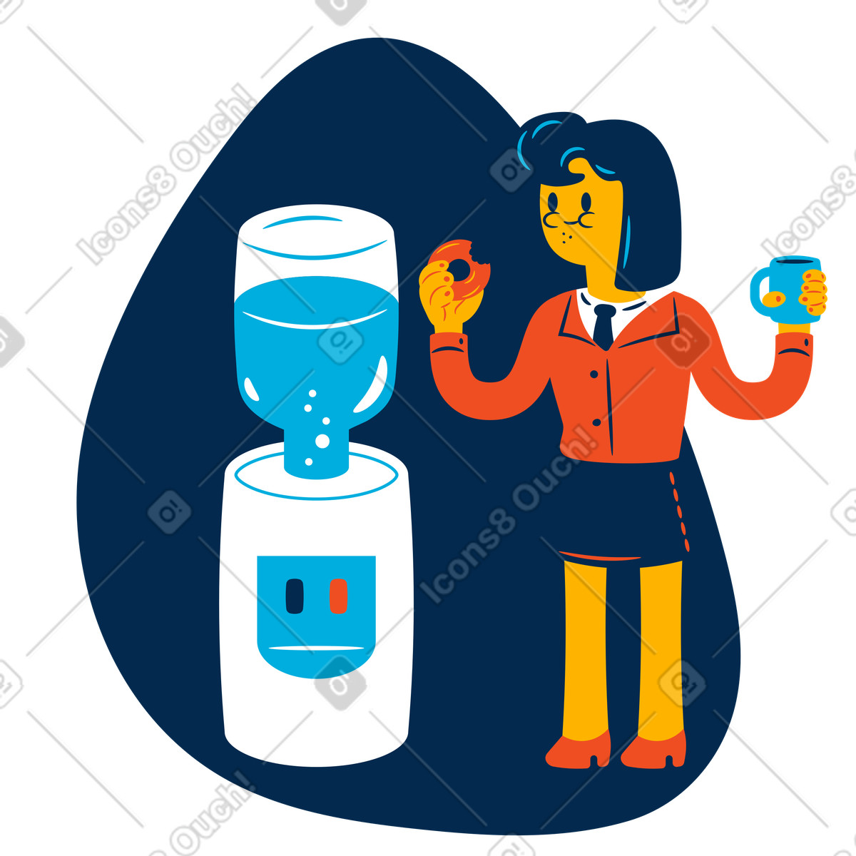 Illustration Office worker at water cooler with donut and coffee, Workplace break dans le style Flame à télécharger aux formats PNG, SVG