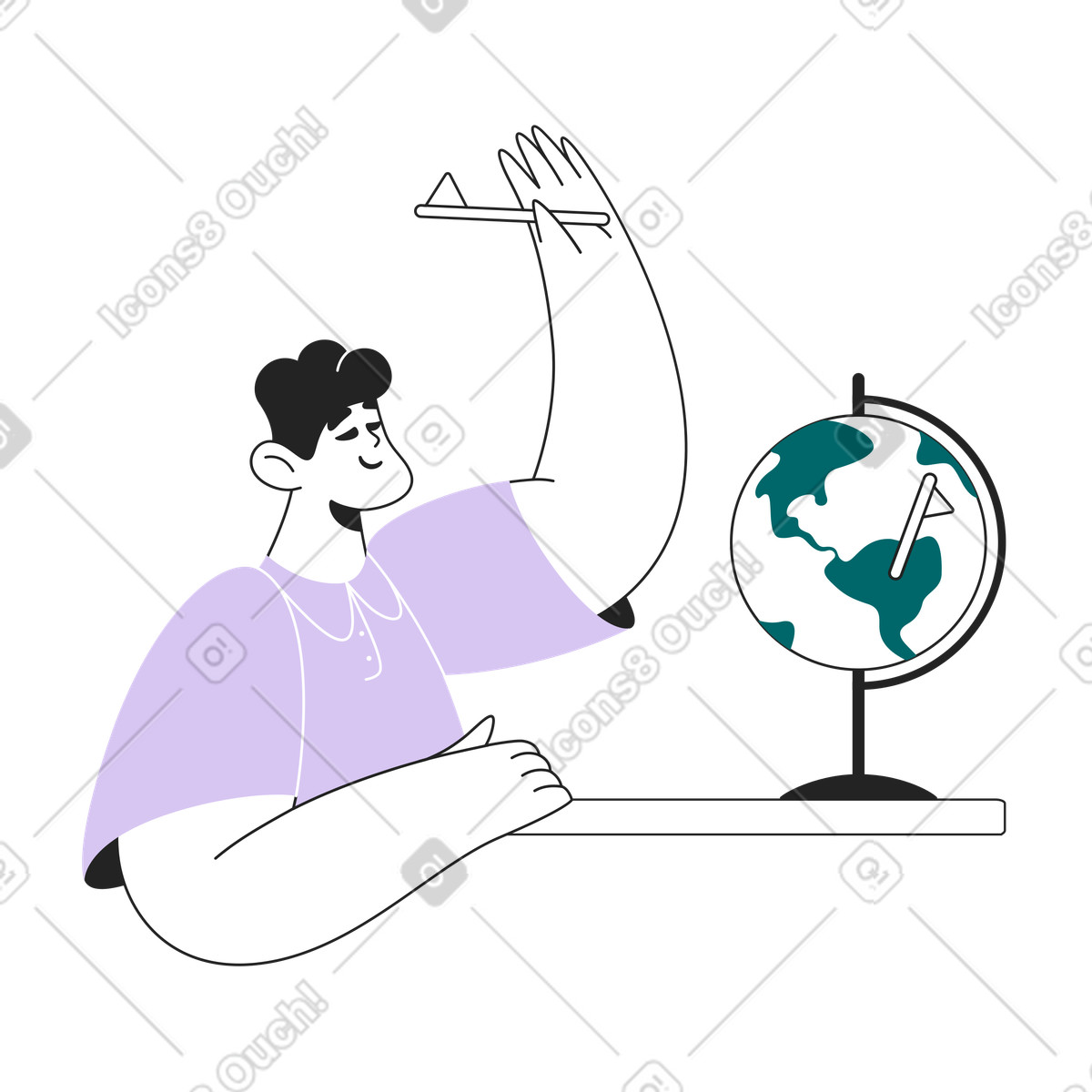 Guy con il globo sta studiando i paesi del mondo illustrazione in stile Sammy Line scarica in PNG, SVG