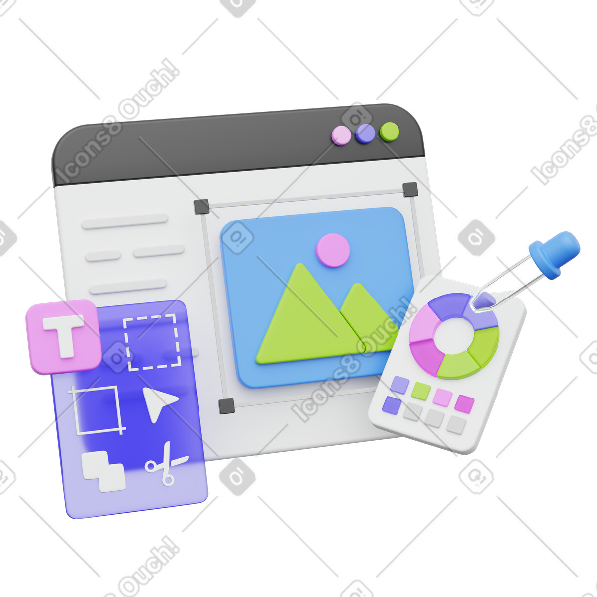 3D Playful 스타일의 Design software interface with image editing tools and color picker palette 일러스트레이션 PNG, SVG 다운로드