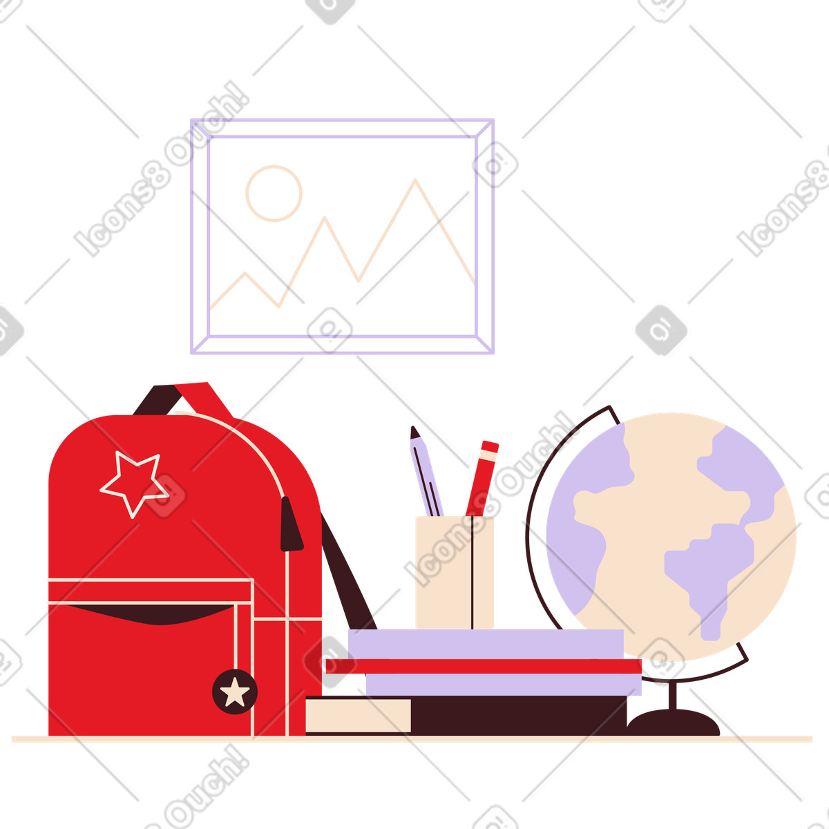 Illustration Salle de classe avec fournitures scolaires : papeterie, globe, sac à dos dans le style Folks télécharger aux formats PNG, SVG