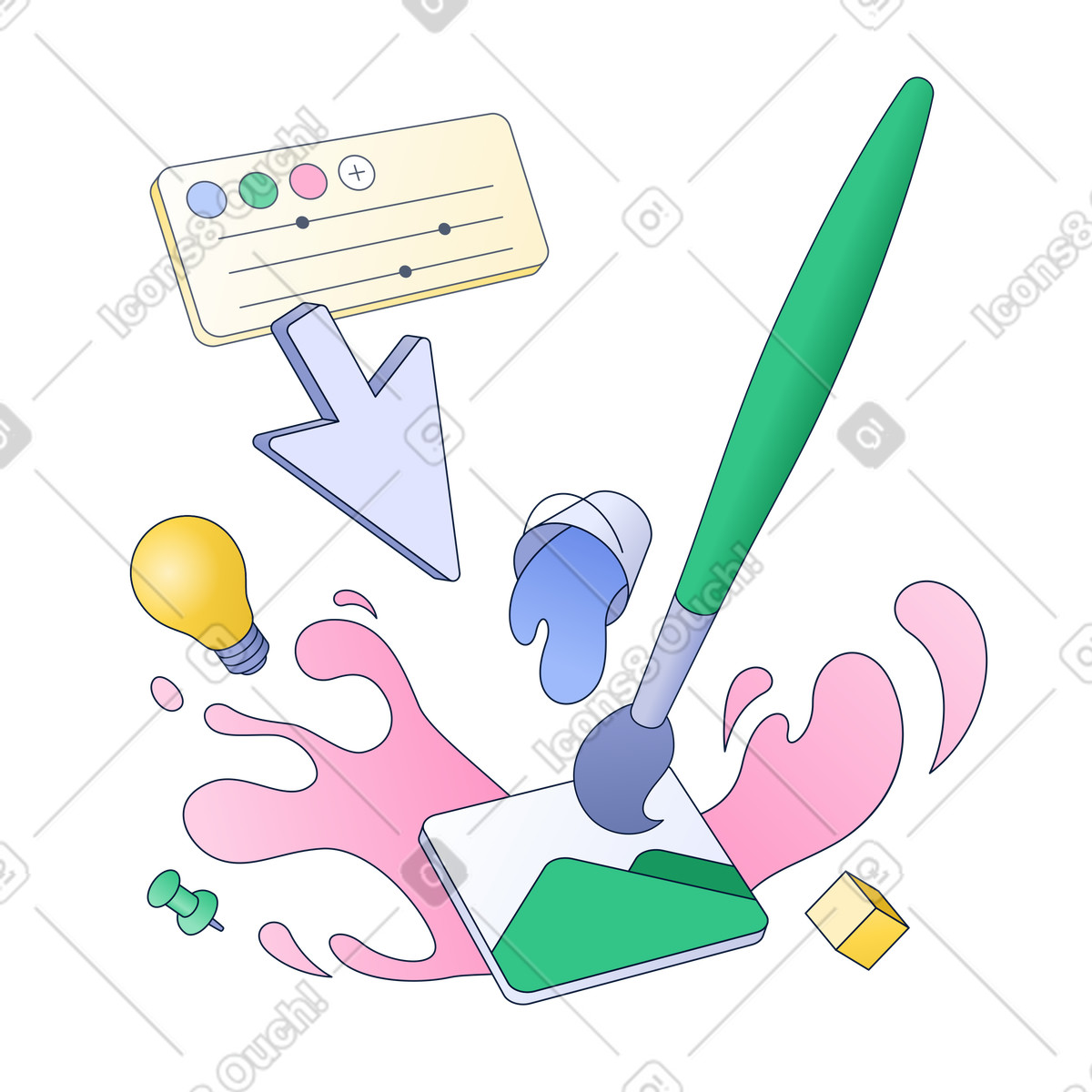 Paintbrush with splashes and color controls, digital creativity and inspiration illustration in PNG, SVG