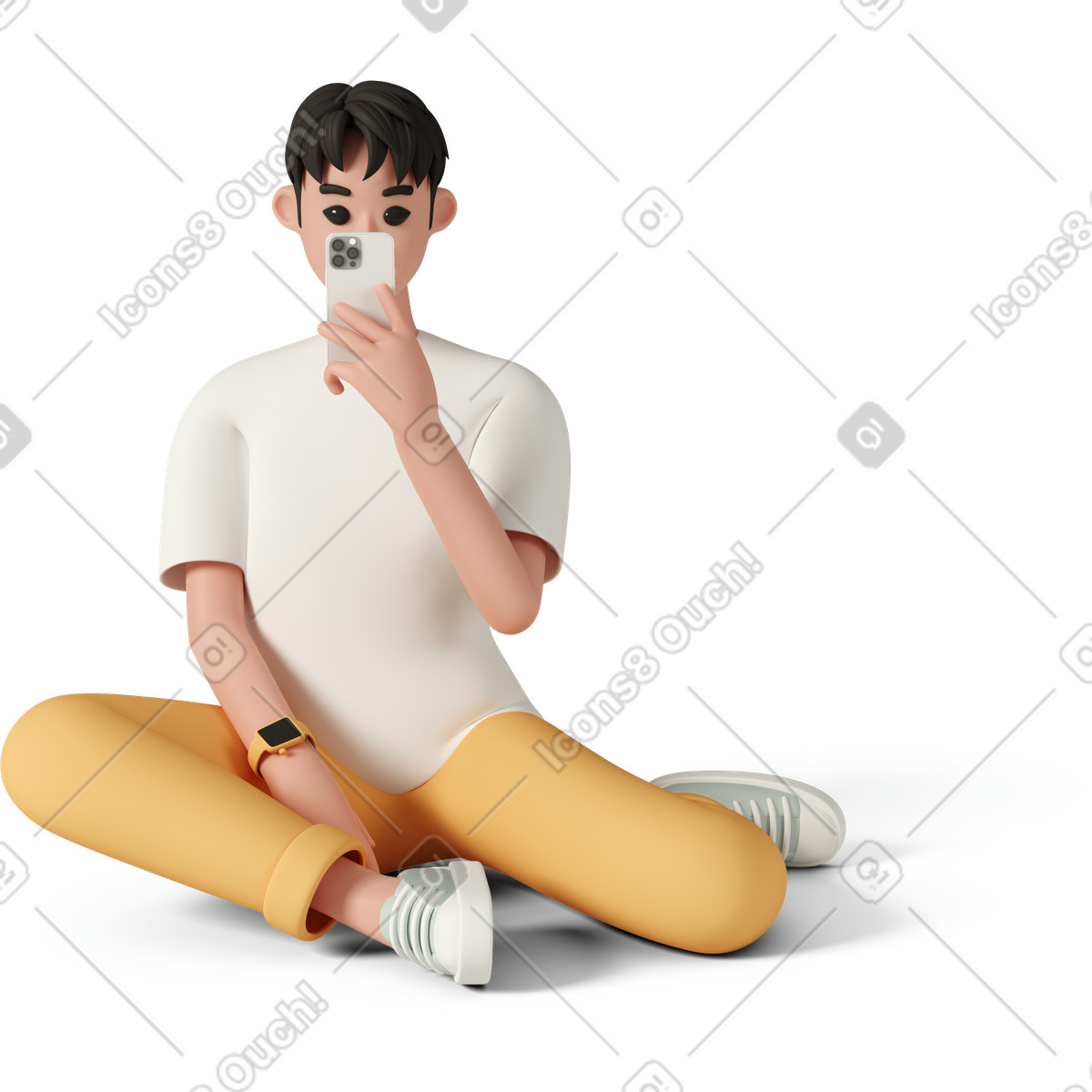 下载 3D Casual life 风格的 Young boy sitting on floor and making photo with smartphone 插画，支持 PNG、SVG 格式