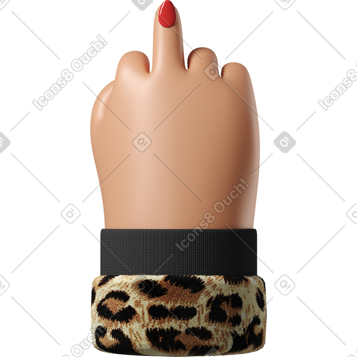 Ilustración Mano de piel bronceada con una uña pintada rojo en chaqueta leopardo que muestra el dedo medio estilo 3D Hands Fun&Wild a descargar PNG y SVG