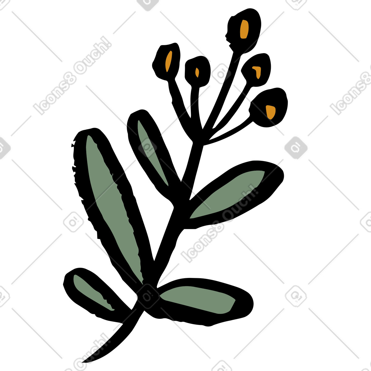 Green leaves plant with orange buds illustration in Scandi style download in PNG, SVG