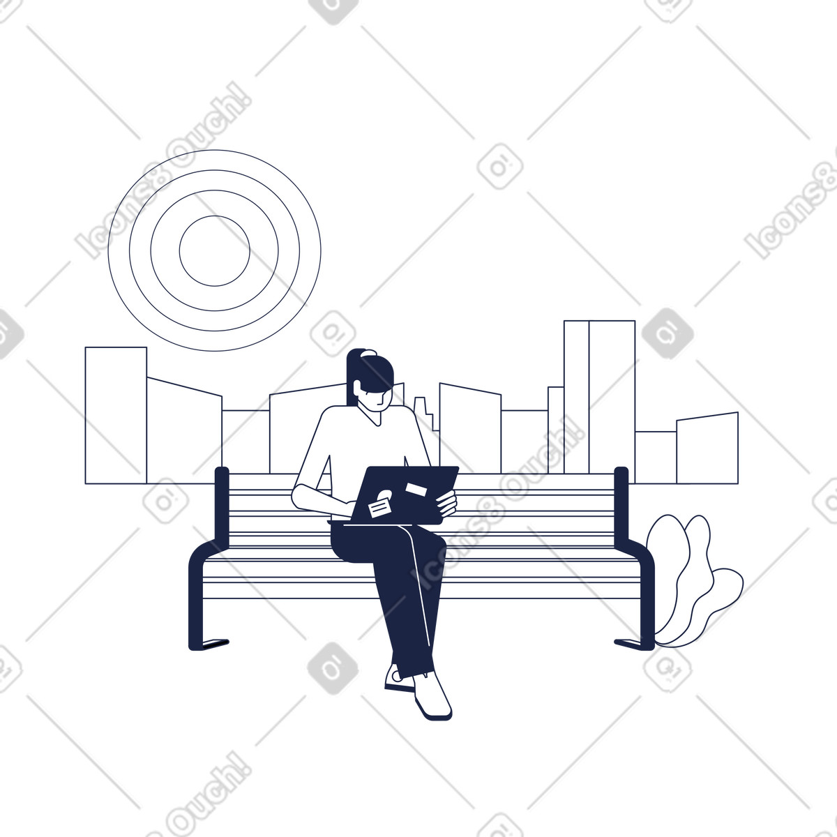 Person with laptop sitting on bench in city park, remote work outdoors and digital nomadism illustration Urban Line style download PNG, SVG