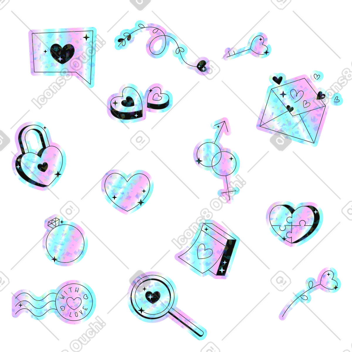 Ilustração de Pacote adesivos para o dia dos namorados em no estilo Holostickers baixar em PNG, SVG