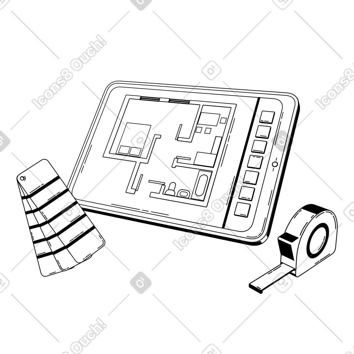 Ilustración animada Disposición de la habitación en tableta con muestra color y cinta métrica, planificación del diseño interiores estilo 3D Techny Line a descargar GIF, Lottie (JSON), AE