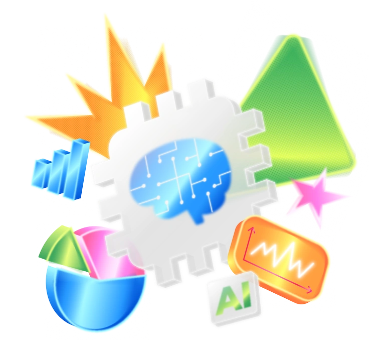 Various colorful icons representing data and AI concepts - Burst style illustration