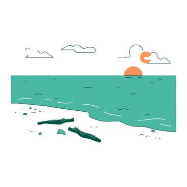 A teal ocean stretches across the horizon, with soft waves gently lapping against a white sandy shore. The sun, a bright orange orb, is descending towards the water, casting a warm glow across the scene. A few fluffy white clouds are scattered in the sky, reflecting shades of orange as the day transitions to night. The gentle movement of the waves creates a tranquil atmosphere, with small pieces of driftwood scattered along the shore.