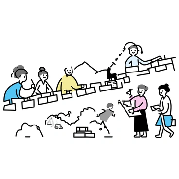 A group of workers and architects constructing a section of "the Great Wall" in ancient times. The architects, wearing traditional robes, are discussing plans while holding blueprints. Several workers, dressed in simple tunics, are carrying large stones and bricks. Some workers are on scaffolding, carefully placing stones into position. The scene includes a partially built section of "the Great Wall" that stretches across rugged terrain, with mountains in the background. Tools such as chisels and hammers are scattered around the site. The sky is clear, highlighting the monumental labor taking place.