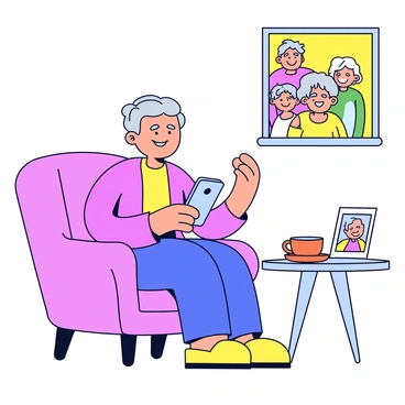 A grandparent with gray hair is sitting comfortably in a cozy armchair. They have a cheerful expression as they hold a smartphone in one hand, looking at the screen. The smartphone displays smiling faces of family members on a video call. In the background, there is a small table with a cup of tea and a family photo framed on it. The room is well-lit and has warm colors, creating a welcoming atmosphere.