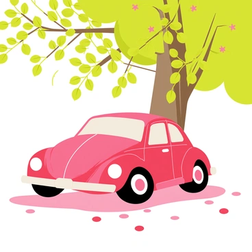 A bright red Beetle car parked beneath a large green tree. Delicate pink spring blossoms are gently falling around the car, creating a soft blanket of petals on the ground. The tree's branches are full of vibrant green leaves alongside the pink flowers, enhancing the spring atmosphere. Sunlight filters through the leaves, casting dappled shadows on the car's shiny surface.