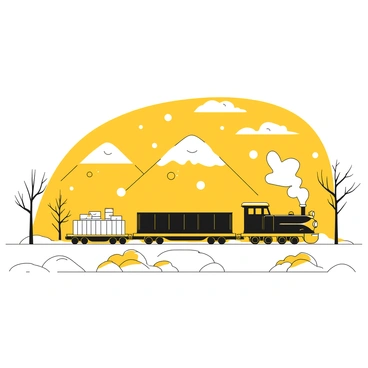 A cargo train cutting through a snow-covered landscape, with snowflakes gently falling