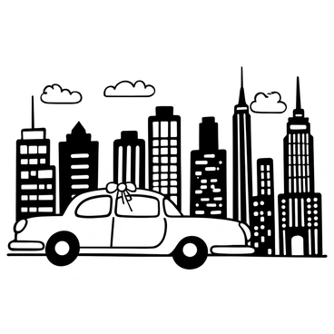 A wedding car parked on a ledge, adorned with white ribbons and flowers. The car is facing a vibrant city skyline featuring numerous towering skyscrapers in the background. The architecture of the buildings varies in style, some sleek and modern, others with intricate details. A few clouds are present, adding depth to the sky above the city. The overall scene captures the grandeur of the city while emphasizing the celebratory nature of the wedding.