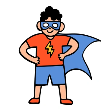 A cartoon boy with light skin and short black hair is standing confidently with his feet shoulder-width apart, striking a heroic pose. He is wearing a vibrant homemade superhero costume made from a red t-shirt with a yellow lightning bolt symbol and blue shorts. A bright blue cape is fluttering behind him, and he has a mask made from a cut-out piece of fabric covering his eyes. His hands are placed on his hips, and he has a big smile on his face, exuding a sense of bravery and excitement.