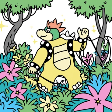 A large, imposing Bowser is navigating through a dense jungle. The jungle is filled with various exotic plants, showcasing large, vibrant leaves and colorful flowers. Bowser, with his signature spiked shell and fiery orange scales, is pushing aside thick vines as he makes his way through the underbrush. The scene is vibrant, with the sun filtering through the dense canopy above, creating a play of light and shadows on the forest floor. In the background, towering trees with twisted trunks add to the lush environment.