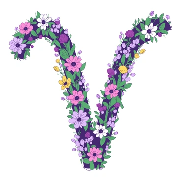 A duotone floral arrangement shaped like the "Virgo" symbol. The arrangement is composed of a variety of colorful wildflowers, including daisies, lavender, and cornflowers, that fill the outline of the "Virgo" symbol. The wildflowers create a vibrant and textured composition, with some blossoms standing tall while others are delicately scattered throughout. The background is subtly adorned with green foliage that complements the flowers and accentuates the shape of the symbol.