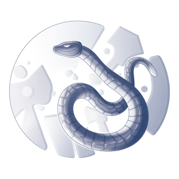 A large serpent coiled in a circular shape, showcasing overlapping geometric patterns. The body of the serpent should be depicted with a series of angular segments and sharp lines. The head of the serpent is visible at one end, featuring distinct, angular features. The background may include various shapes that enhance the focus on the serpent's form, emphasizing its mythical nature.