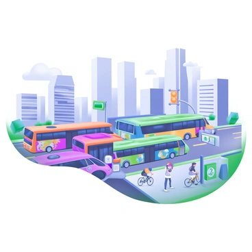 A busy urban scene featuring a fleet of colorful city buses of various designs and sizes. The buses are painted in bright colors such as red, blue, yellow, and green, each with distinct patterns and graphics. They are moving through a bustling street filled with cars, bicycles, and pedestrians. Skyscrapers and modern buildings line the street, while traffic signals and street signs are visible. People of different ages and backgrounds are walking on sidewalks, some waiting at bus stops. The sky is clear with a few fluffy clouds.