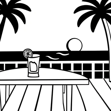 A glass of "Negroni" is placed on a wooden table. The glass is filled with amber liquid and garnished with a slice of orange. The table is set on a deck overlooking the sea. In the background, the sun is setting on the horizon, casting long shadows and creating a gradient of light in the sky. Waves can be seen gently lapping at the shore below. Silhouettes of palm trees are visible on either side of the scene, framing the picturesque view.