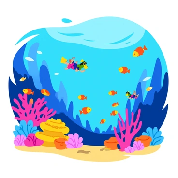 A vibrant coral reef teeming with brightly colored fish in shades of orange, blue, and yellow. The fish are swimming gracefully among various types of coral, including branching and mushroom shapes. Snorkelers in colorful wetsuits are floating above the reef, observing the underwater life with curiosity. The sunlight filters through the water, creating a shimmering effect on the sandy ocean floor below.