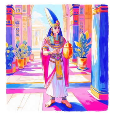 A pharaoh is standing proudly in an opulent palace setting. He is wearing an elaborate headdress adorned with precious jewels and large gold earrings. In his right hand, he holds a shimmering golden scarab beetle, showcasing its intricate details and gleaming surface. The walls of the palace are decorated with intricate hieroglyphs and vibrant murals depicting scenes of ancient life. Luxurious furnishings, including richly woven rugs and ornate columns, fill the background, adding to the grandeur of the scene. Bright light filters through large windows, casting patterns on the marble floor.