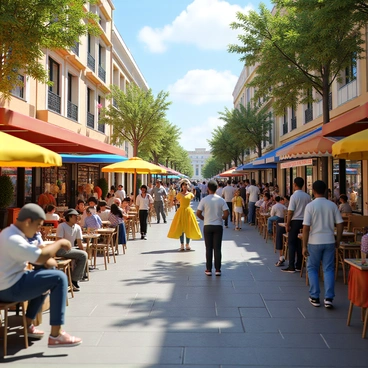 A vibrant city street bustling with activity. The scene features a variety of shops with colorful signage and displays, showcasing merchandise such as clothing, accessories, and local crafts. Eateries line the street, with outdoor seating, bright umbrellas, and patrons enjoying their meals under the warm sun. Street performers entertain the crowd, including a juggler in a bright costume, a musician playing a guitar, and a painter creating artwork on the sidewalk. People of different backgrounds stroll along the street, some stopping to watch the performances while others engage in conversation. The atmosphere is lively and filled with energy.