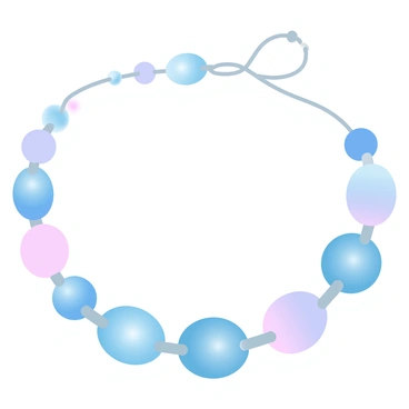 A beaded necklace is displayed, featuring several beads of different colors and sizes. Each bead is connected by thin strings, illustrating the concept of a linked list. The beads are arranged in a linear fashion, with a clear emphasis on the connections between them. Some beads are round, while others are oval or shaped differently, adding variety to the design. The strings connecting the beads are taut and visible, emphasizing the structural relationship among the beads. The overall composition showcases the unique visual representation of data structure through the necklace.
