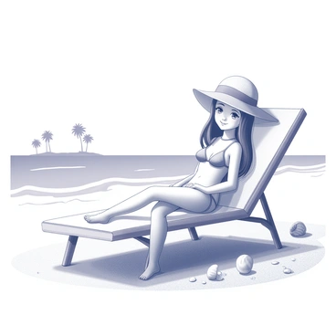 A young girl with long hair is sitting on a sun lounger. She is wearing a bikini and has a large sun hat resting on her head. The girl has a relaxed expression as she leans back against the lounger. Surrounding her, there are gentle waves lapping at the shore, and a few scattered seashells are visible in the sand. In the background, there are distant palm trees swaying lightly in the breeze. The scene conveys a sense of tranquility and leisure by the seaside.