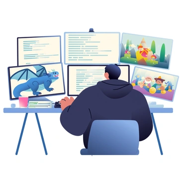 A game developer with medium skin is seated at a large, modern desk. The developer has short black hair and is wearing a black hoodie. Multiple screens are positioned in front of them, displaying lines of code and vibrant game character designs. On the left screen, there is a blue dragon character with large wings and intricate scales. The center screen features a colorful fantasy landscape with trees and mountains, while the right screen displays a group of cartoon-style characters, including a knight and a wizard. The desk is cluttered with technical books, a coffee mug, and a mechanical keyboard. The room is dimly lit, with a soft glow coming from the screens.