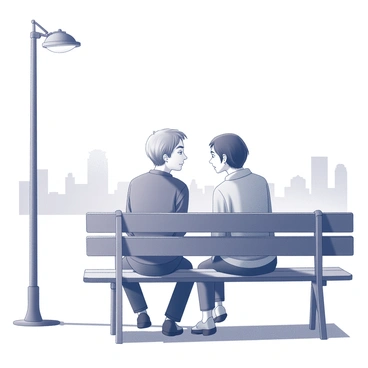 Two people are seated on a wooden bench, leaning slightly toward each other as they engage in a deep conversation. One person has short hair and is wearing a jacket, while the other has longer hair and is dressed in a sweater. A streetlamp stands nearby, casting a soft glow that illuminates their faces and creates gentle shadows around them. The surrounding area is empty, with just the faint outlines of trees and buildings in the background. The posture and expressions of the individuals suggest a moment of intimacy and connection in their discussion.