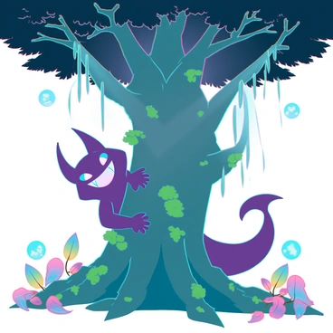 A mischievous Gengar with a wide grin and large, bulging eyes is playfully hiding behind a tall, ancient tree. The tree has gnarled roots and a thick trunk, covered in vibrant green moss. Sunlight filters through the dense canopy of leaves above, creating dappled light patterns on the forest floor. Surrounding the tree are colorful, bioluminescent plants and ethereal glowing orbs that float in the air, enhancing the mystical atmosphere of the forest. Gengar's purple body contrasts sharply against the lush greenery, as it peeks around the trunk with an expression of delight.