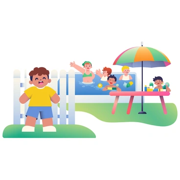 A child with short brown hair and wearing a bright yellow t-shirt is standing next to a white picket fence. He has a look of envy on his face as he peers through the gaps in the fence. On the other side, a group of neighbors is splashing and laughing in a blue swimming pool. The neighbors are wearing colorful swimwear, and there are inflatable pool toys floating in the water. A large beach umbrella casts shade over a nearby picnic table laden with snacks and drinks. Green grass surrounds the pool area, adding a vibrant touch to the scene.
