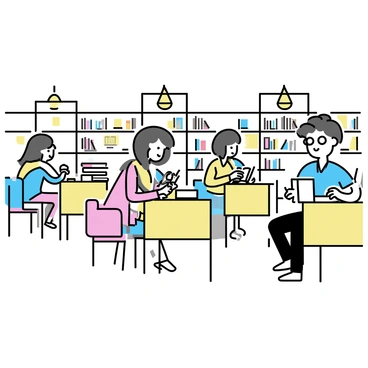 A spacious study area in a bookstore with wooden desks arranged neatly in rows. Several patrons are seated at the desks, each focused on reading books. One patron, a woman with long hair, is reading a novel with a coffee cup beside her. Another patron, a man with glasses, is taking notes while studying. The warm lighting from overhead lamps creates a cozy atmosphere. Bookshelves filled with various titles line the walls, adding to the scholarly ambiance.