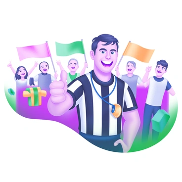 A referee smiling and giving a thumbs-up to cheering fans in the stands.