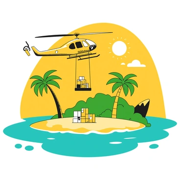 A KMAX helicopter with dual rotors hovering above a small, isolated tropical island surrounded by turquoise waters. The helicopter is lowering a cargo net filled with supplies, including boxes and bags, towards a sandy beach lined with palm trees. In the background, lush green vegetation covers the island, and a few rocky cliffs jut out into the sea. Small waves lap gently at the shore, while a bright sun shines overhead in a clear sky.