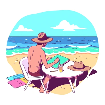 A freelance illustrator is seated at a small white table on a sandy Australian beach, with waves gently lapping at the shore in the background. The illustrator has a teal sketchbook open in front of them, and they are focused on drawing with a yellow pencil. Sunlight casts warm reflections on the water, and a few colorful beach towels are spread out nearby. A bright blue sky overhead contrasts with the white clouds drifting lazily. A wide-brimmed hat rests on the table next to a cold drink, adding to the relaxed atmosphere of the scene.