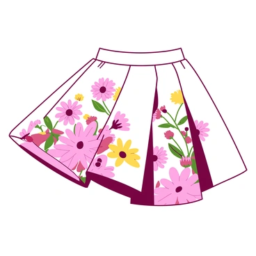 A white skirt featuring a vibrant floral pattern with various flowers in shades of pink and yellow. The flowers are scattered across the fabric, with large blooming daisies, smaller buds, and green leaves intertwining throughout the design. The skirt has a flowing silhouette, catching the gentle summer breeze, and the floral motifs are intricately detailed, giving a sense of depth and texture to the fabric. The overall appearance is fresh and lively, capturing the essence of a summer day.
