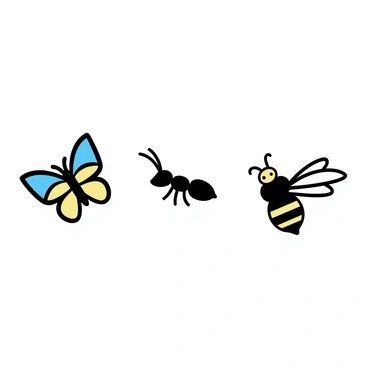 A flashcard with a white background featuring three insects. On the left, a colorful butterfly with intricate patterns on its wings. In the center, a detailed ant with visible segments on its body and prominent mandibles. On the right, a bee with black and yellow stripes, showing its wings spread out to the sides. Each insect is clearly defined and positioned evenly across the card.