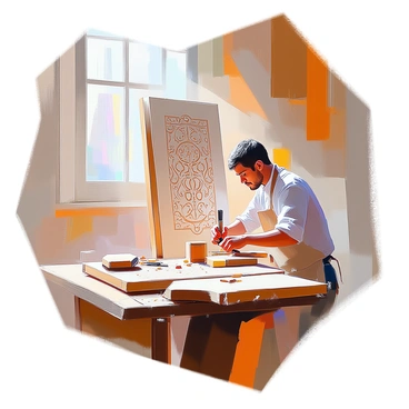 An artisan with medium skin and short black hair is focused on carving intricate designs into a large wooden panel. He is wearing a light-colored apron and sits at a sturdy wooden table in a well-lit workshop. Rays of sunlight stream through the large windows, illuminating the detailed patterns he's creating. Tools such as chisels and a mallet are scattered on the table beside him, and shavings of wood cover the floor around his feet. The atmosphere is filled with a sense of dedication and craftsmanship.