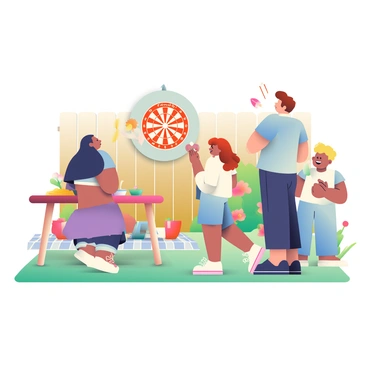 A family of four is gathered in their backyard, enjoying a leisurely game of darts. The father, with short brown hair, is standing at the dartboard, holding a dart in his right hand, preparing to throw. The mother, with long dark hair, is sitting on a picnic blanket nearby, smiling and clapping in encouragement. Two children, a boy with blond hair and a girl with curly red hair, are standing beside each other, eagerly waiting for their turn to play. The dartboard is mounted on a wooden fence, surrounded by colorful flowers and green grass. A wooden table nearby holds snacks and drinks, creating a cheerful atmosphere for their family game day.