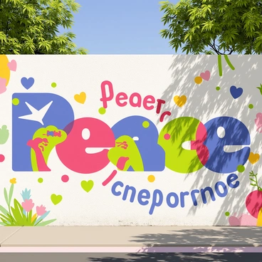 A large urban wall covered in colorful graffiti. The mural features bold letters spelling out "Peace" and "Acceptance" in vibrant colors like blue, red, and green. Various symbols of harmony, such as a dove and intertwined hands, are painted alongside the text. The background is a mix of abstract shapes and patterns, enhancing the lively atmosphere. The scene includes details like small flowers and hearts scattered throughout the design, representing community connection. Bright sunlight casts interesting shadows on the wall, highlighting the textures of the paint.
