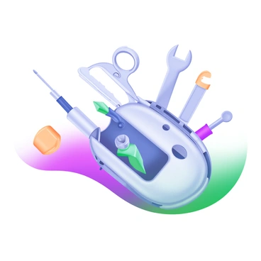 A pocket-sized gadget that unfolds into various useful tools is displayed prominently in the center. The gadget features a sleek metallic design with a brushed finish. As it unfolds, several tools are revealed, including a pair of scissors, a screwdriver, and a miniature wrench, each with distinct shapes and colors. The tools are neatly arranged around the main body of the gadget. Soft shadows and highlights accentuate the gadget's contours, providing a three-dimensional effect. The background is a smooth, light pastel color that enhances the visibility of the gadget and tools.