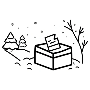 A ballot box, featuring intricate designs and patterns, is positioned prominently in a winter scene. The box is surrounded by soft, fluffy snow that blankets the ground. The setting includes various holiday decorations, such as garlands and twinkling lights draped over nearby tree branches. Several snowflakes fall gently from the sky, adding to the wintry atmosphere. In the background, there are silhouettes of snow-covered trees and distant hills, creating a serene and festive environment.
